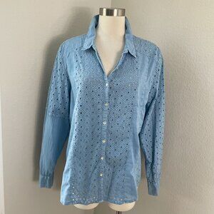 Sundance Womens  XL Blue Eyelet Button Up Cotton Blouse Long Sleeve Shirt Top